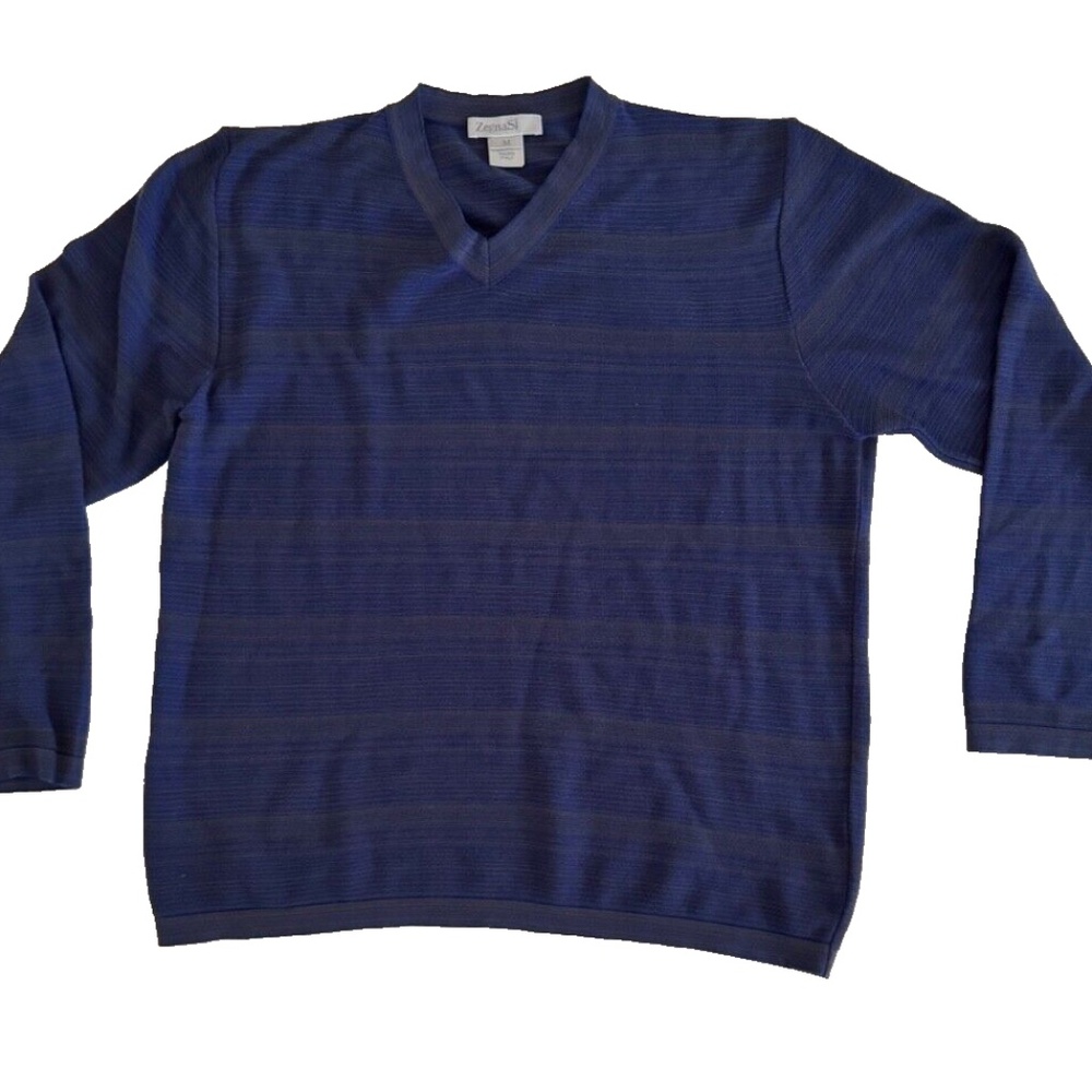 Ermenegildo Zegna Men's Medium Sweater Blue Striped V Neck Cotton Blend Italy